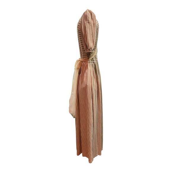 Cottagecore Coastal Neutral Feminine striped wrap puffed sleeves Maxi dress L - Picture 6 of 16